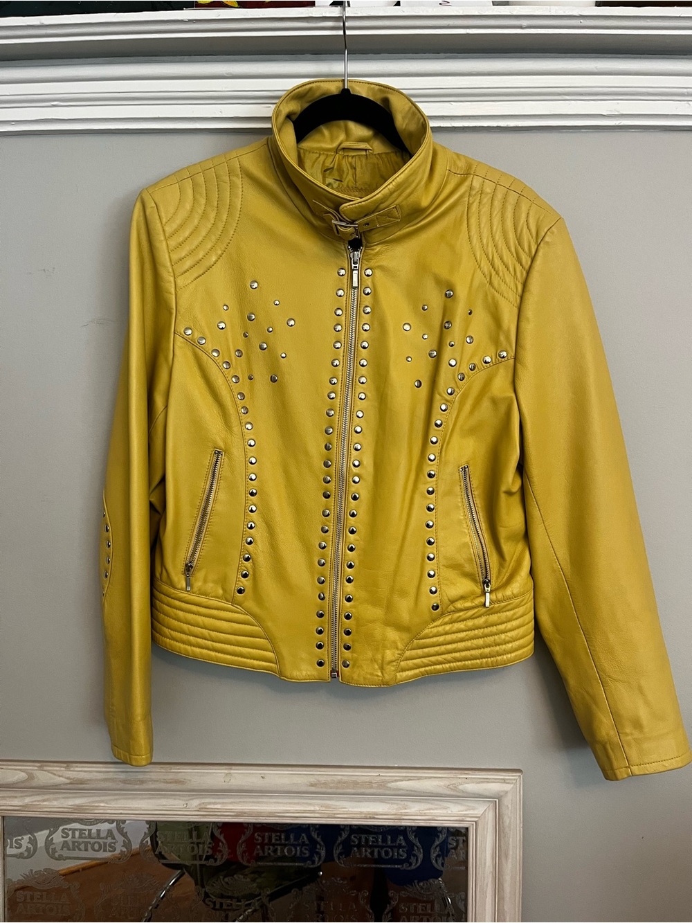 Yellow Studded Women's Leather Jacket